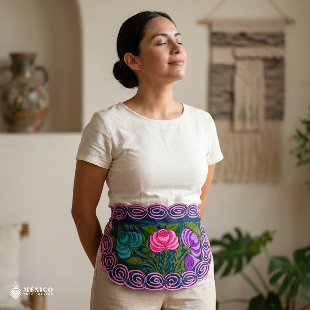 Mexican Embroidered Waist Apron – Floral Pocket Design, Traditional Tie Apron